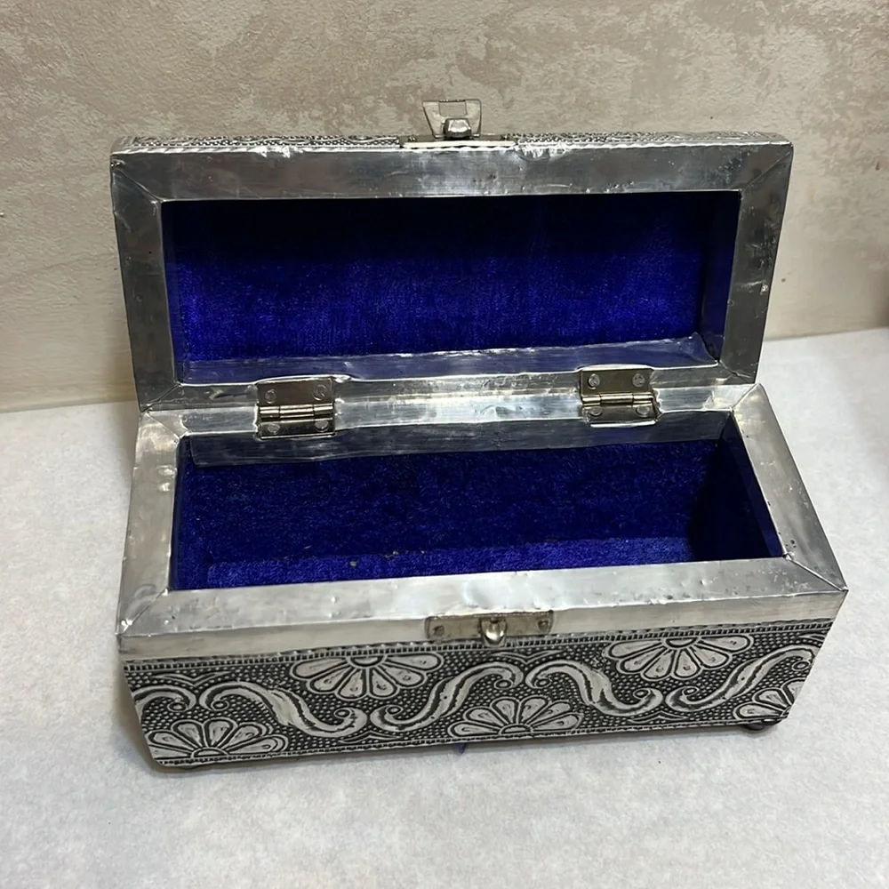 Cost Plus World Market Silver Embossed Metal Jewelry Treasure Chest